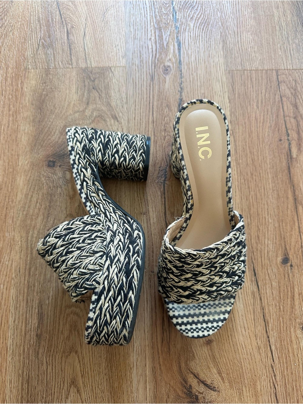 INC International Concepts Tan & Black Woven Slide Heels